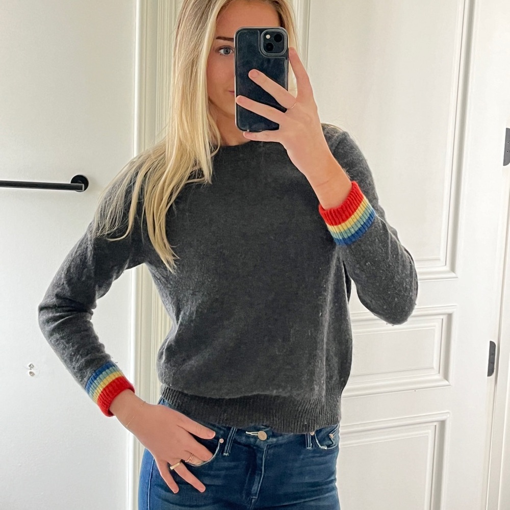 27 MILES Gray Cashmere Sweater with Rainbow Detailing on Sleeves